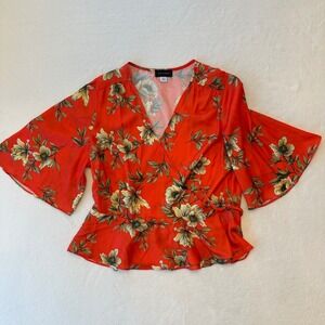 Ava & Aiden Floral Wrap Blouse Top Womens size L Coral Yellow Green Kimono style